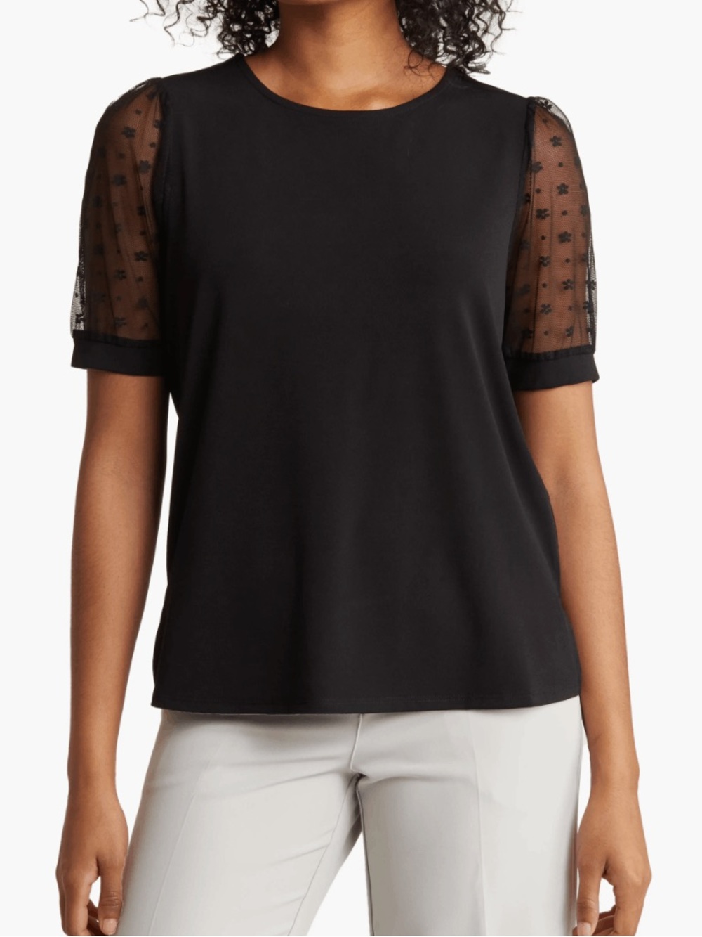 Adrianna Papell Black Mesh Short Sleeve Clip Dot Blouse Sz M $70